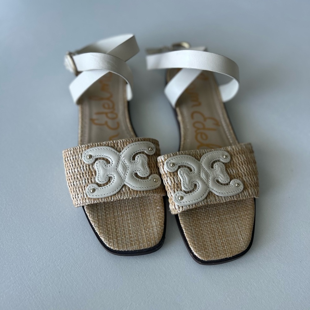 Sam Edelman White and Tan Sandals with Square-Toe Design